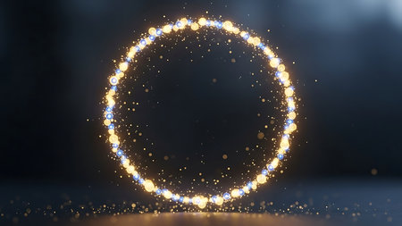 Glowing golden oval shape formed by sparkling particles against a dark smoky backgroundの素材