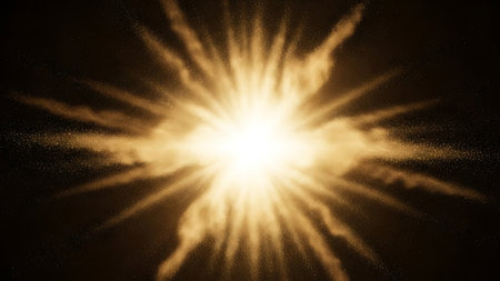 Brilliant golden light explosion radiating outwards from a bright central core against a dark backgroundの素材