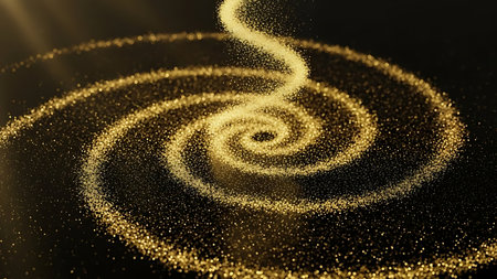 Golden swirling particle vortex creating a luminous spiral on a dark background with subtle light flaresの素材