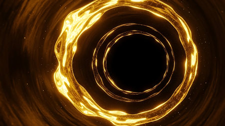 Abstract glowing golden portal or wormhole vortex with dark center and swirling light energyの素材