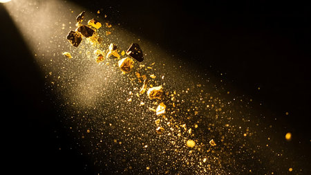 Golden glitter and confetti falling through a dramatic spotlight beam in darknessの素材