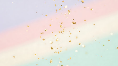 Soft pastel rainbow gradient background with falling golden confetti sparkles and glitterの素材