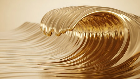 Abstract golden wave sculpture with flowing liquid texture and shimmering light reflectionsの素材