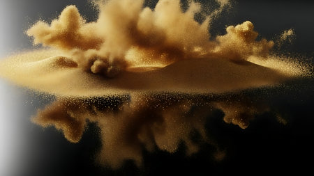 Abstract explosion of golden brown ink dissolving in dark water creating a beautiful organic cloud formationの素材