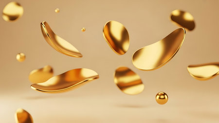 Abstract golden swirls and shapes floating in a soft warm light backgroundの素材