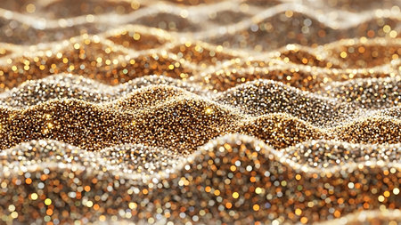 Close up abstract macro view of shimmering golden glitter particles forming undulating waves and texturesの素材