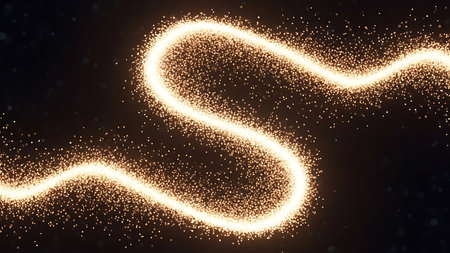 Sparkling golden light trail forming a graceful s shape against a dark backgroundの素材