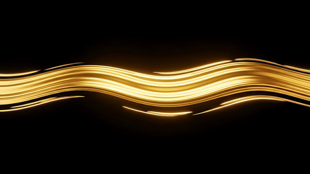 Abstract golden wavy light streaks flowing across a dark black background with glowing energyの素材
