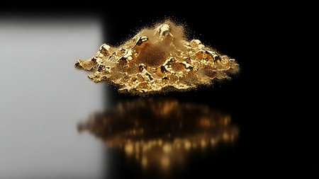 A large irregular gold nugget with a reflective surface sits on a dark mirrored surfaceの素材