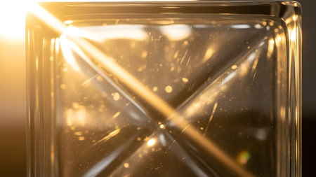 Golden hour sunlight streams through an hourglass creating a warm and reflective abstract visualの素材