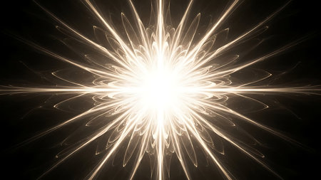 Bright radiant starburst explosion of light with glowing energy emanating outwards on a dark backgroundの素材