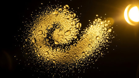 Abstract golden glitter explosion with soft yellow light and dark backgroundの素材