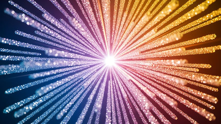Explosion of vibrant rainbow colored light streaks radiating outwards from a bright central starburstの素材