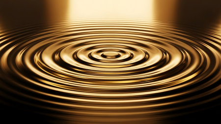 Abstract golden ripples on a reflective surface with dramatic light creating a sense of depth and movementの素材