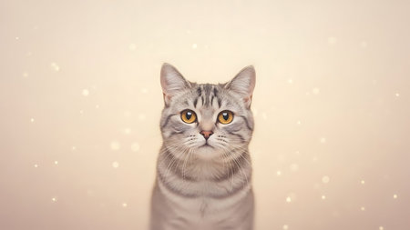 Close up portrait of a curious tabby cat with wide amber eyes looking directly at the cameraの素材