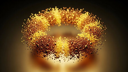 Abstract golden ring of exploding particles and light streaks against a dark backgroundの素材