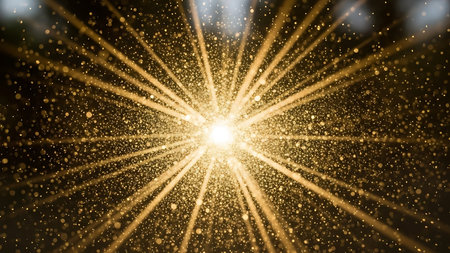 Bright golden light burst radiating outwards from a central point creating a dazzling starburst effectの素材