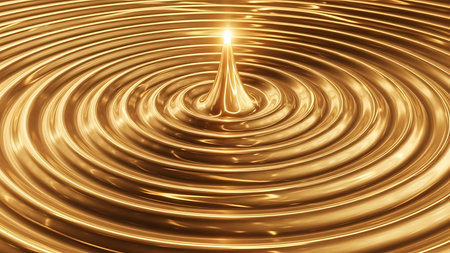 Golden liquid surface with concentric ripples from a single drop creating a mesmerizing and luxurious abstract patternの素材