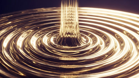 Golden liquid pouring and creating concentric ripples on a dark reflective surfaceの素材