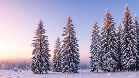 Tall snow covered evergreen trees stand in a serene winter forest at sunrise with soft pink and blue skyの素材