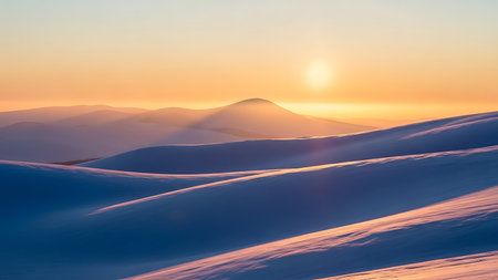 Golden sunrise illuminates snow covered mountain landscape with soft pastel sky and rolling hillsの素材