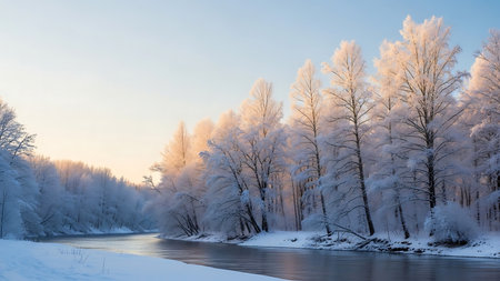 Golden sunrise illuminates a serene winter forest with snow covered trees lining a calm riverの素材