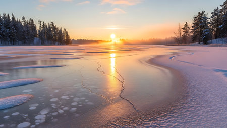 Golden sunrise illuminates a frozen river and snow covered forest in a serene winter landscapeの素材