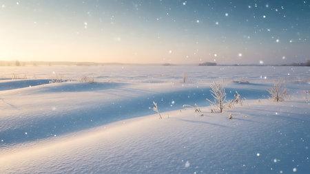 Gentle snowfall blankets a vast serene winter landscape with soft golden light on the horizonの素材