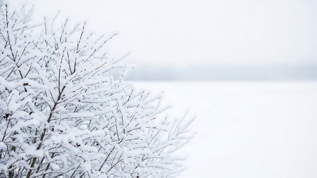 Delicate snow covered branches of a tree in soft focus against a blurred winter landscape backgroundの素材
