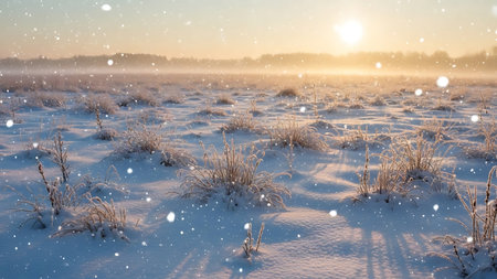Golden sunrise illuminates a frosty winter landscape with snow falling gently on dry grass and fieldsの素材