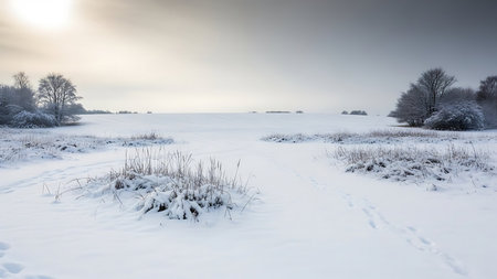 Wide open snowy field with frosted bushes and trees under a hazy winter skyの素材