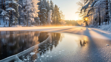 Golden sunrise illuminates a frosty winter forest with a partially frozen river reflecting the warm lightの素材