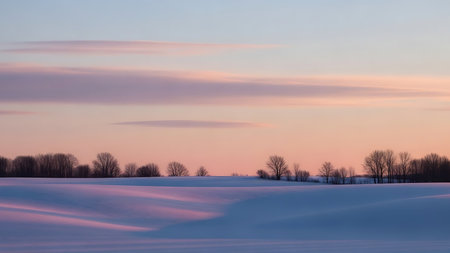 Soft pastel sunset sky illuminates a snow covered landscape with silhouetted trees in the distanceの素材