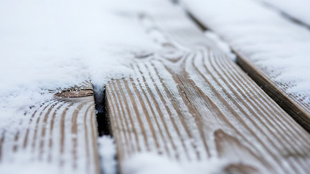 Close up of weathered wooden planks covered in fresh white snow creating a textured winter backgroundの素材