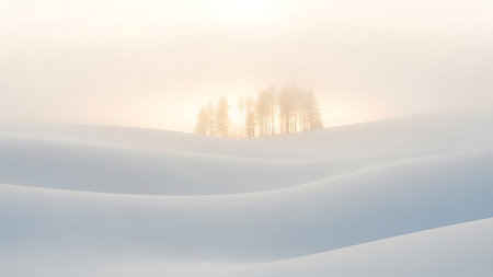 Softly lit winter landscape with rolling snow covered hills and a distant treeline bathed in warm sunlightの素材