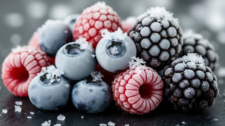 Close up of frozen raspberries and blueberries dusted with frost and ice crystals on a dark surfaceの素材