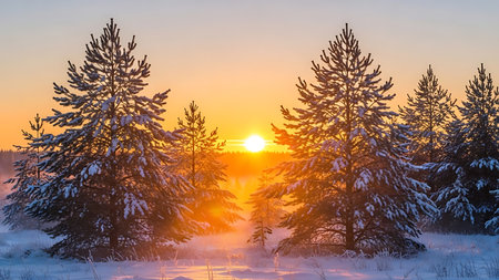 Golden sun setting behind snow covered pine trees in a winter forest landscape with soft mistの素材