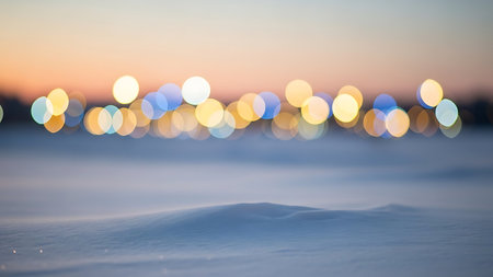 Soft focus winter landscape with glowing bokeh lights at dusk over snow covered groundの素材