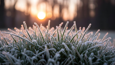 Delicate frost crystals clinging to blades of grass at sunrise with soft golden lightの素材