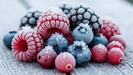 Close up of a pile of frozen raspberries and blueberries covered in frost on a textured surfaceの素材