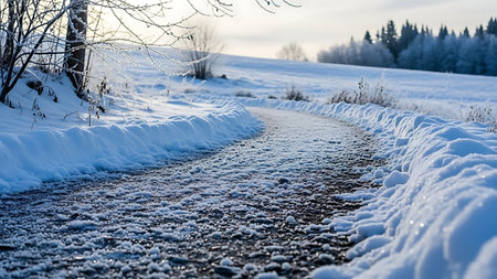 Snow covered path winding through a winter landscape with frosted trees and a distant forestの素材