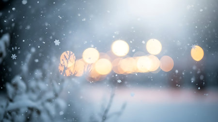 Soft focus winter scene with falling snow and blurred warm lights creating a magical atmosphereの素材