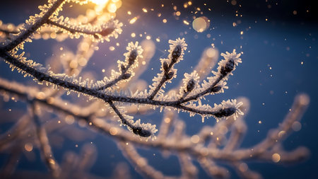 Close up of frost covered tree branches with soft bokeh background and falling snow during sunriseの素材