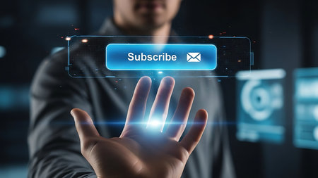 Hand reaching out to press a glowing blue subscribe button on a futuristic digital interfaceの素材