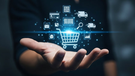 Hand holding glowing digital shopping cart and e commerce icons representing online retail and digital commerceの素材