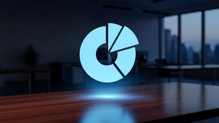 Glowing blue pie chart hologram floating above a table in a modern office spaceの素材