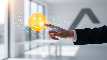 Business professional s finger touching a glowing yellow smiley face icon in a modern office settingの素材