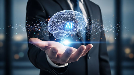 Businessman holding a glowing digital brain with ai technology concept in his handの素材