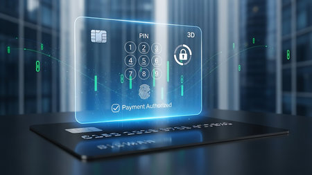 Futuristic holographic interface displaying security icons and data projected above a server rackの素材