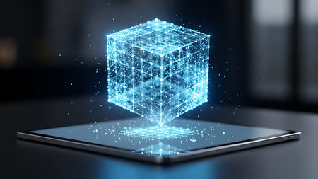 Futuristic glowing blue digital cube hologram projecting from a modern tablet screenの素材